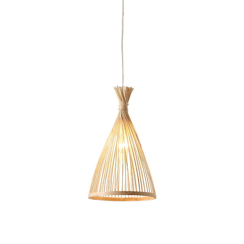 Japanese Style Funnel Pendant Light - Wood 1 Head 8/10/12 Wide Beige/Coffee Ceiling Hang Lamp
