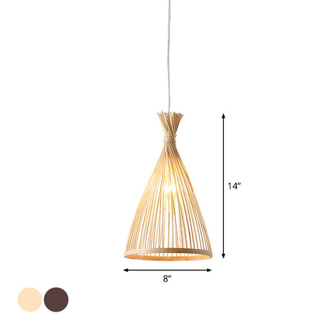 Japanese Style Funnel Pendant Light - Wood 1 Head 8/10/12 Wide Beige/Coffee Ceiling Hang Lamp
