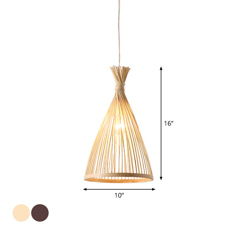 Japanese Style Funnel Pendant Light - Wood 1 Head 8/10/12 Wide Beige/Coffee Ceiling Hang Lamp