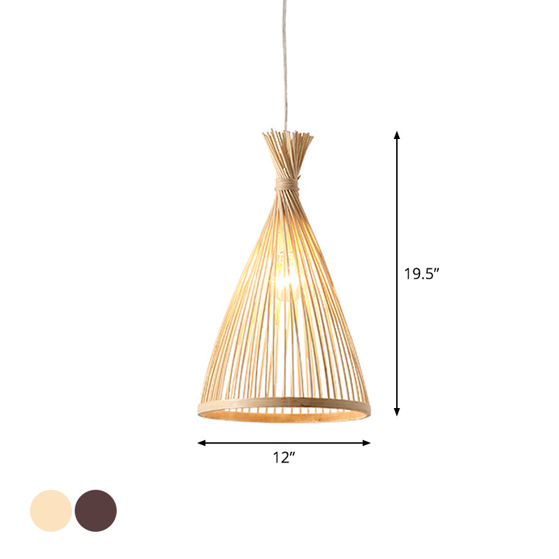 Japanese Style Wood Funnel Pendant Light - 1 Head 8’/10’/12’ Wide Ceiling Hang Lamp In Beige/Coffee