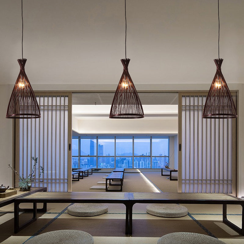 Japanese Style Wood Funnel Pendant Light - 1 Head 8’/10’/12’ Wide Ceiling Hang Lamp In Beige/Coffee
