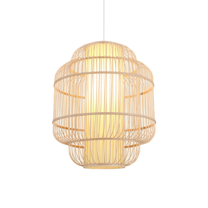 Asian Bamboo Pendant Light With Shade Inside - Cylinder/Donut/Raindrop Design