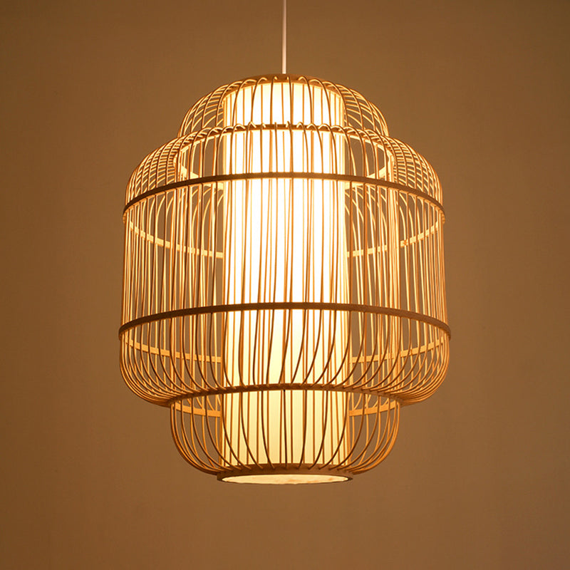 Asian Bamboo Pendant Light With Shade Inside - Cylinder/Donut/Raindrop Design