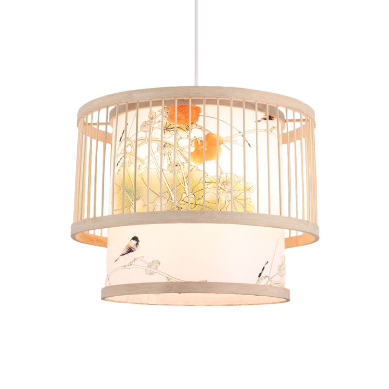 Asian Bamboo Pendant Light With Shade Inside - Cylinder/Donut/Raindrop Design
