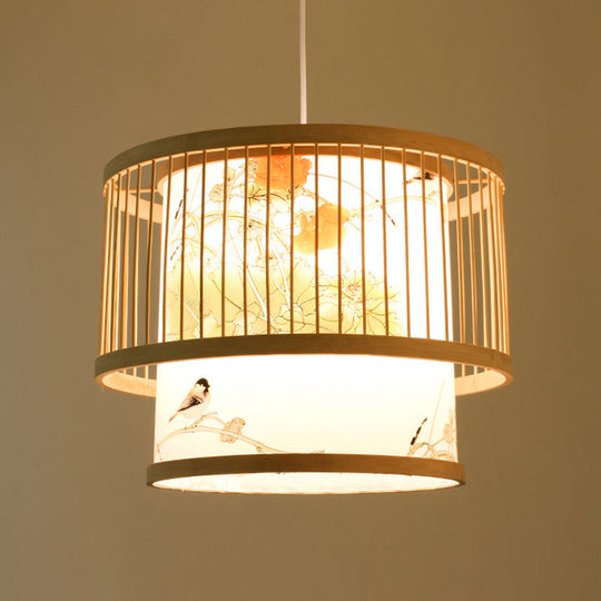 Asian Bamboo Pendant Light With Shade Inside - Cylinder/Donut/Raindrop Design