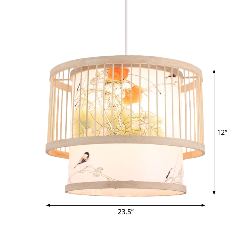 Asian Bamboo Pendant Light With Shade Inside - Cylinder/Donut/Raindrop Design