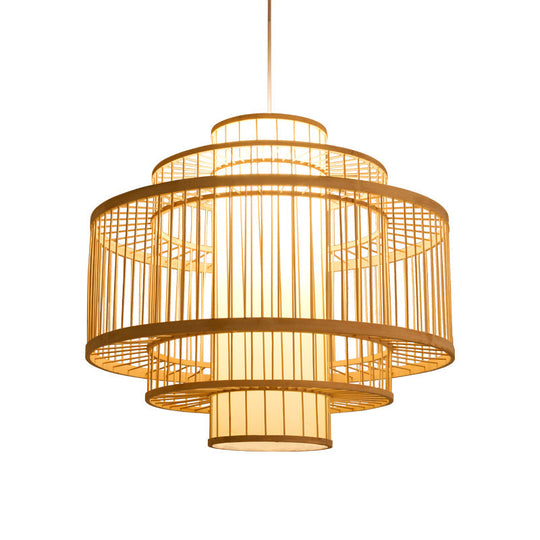 Asian Bamboo Pendant Light With Shade Inside - Cylinder/Donut/Raindrop Design
