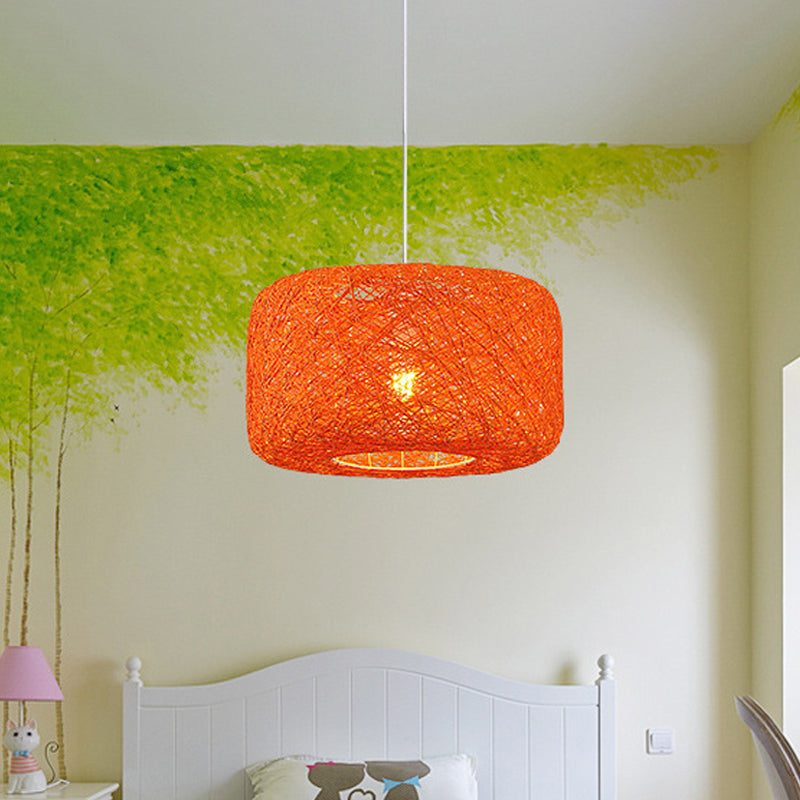 Rattan Weave Macaron Pendant Light: Red/Pink/Orange Drum Drop 1-Light Suspension For Bistro