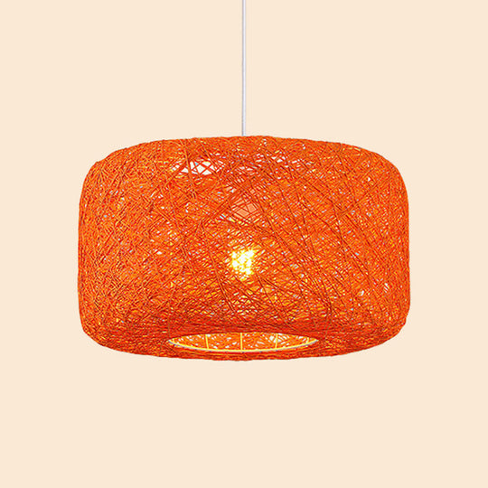 Rattan Weave Macaron Pendant Light: Red/Pink/Orange Drum Drop 1-Light Suspension For Bistro