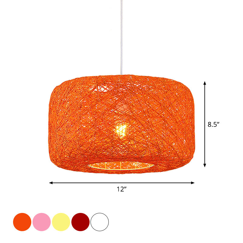 Rattan Weave Macaron Pendant Light: Red/Pink/Orange Drum Drop 1-Light Suspension For Bistro