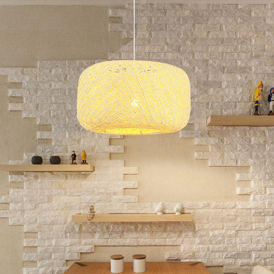 Rattan Weave Macaron Pendant Light: Red/Pink/Orange Drum Drop 1-Light Suspension For Bistro
