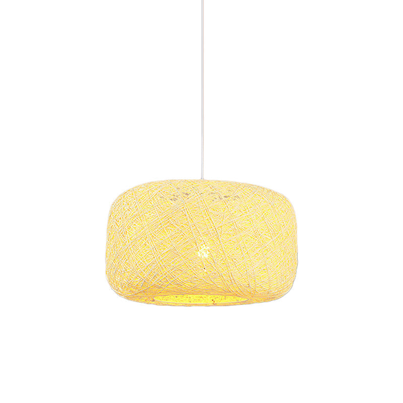 Rattan Weave Macaron Pendant Light: Red/Pink/Orange Drum Drop 1-Light Suspension For Bistro