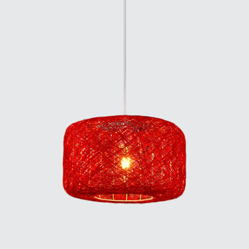 Rattan Weave Macaron Pendant Light: Red/Pink/Orange Drum Drop 1-Light Suspension For Bistro