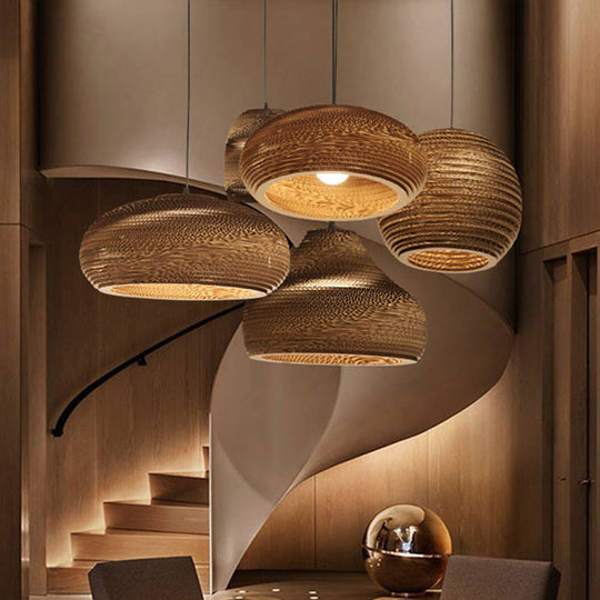 Rustic Brown Corrugated Paper Pendant Light For Dining Room - Globe/Oval/Vase Design