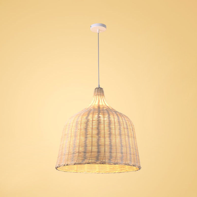 Rattan Ceiling Hang Lamp - Contemporary Cloche Shape 1 Bulb 10’/14’/23.5’ Wide Beige Tearoom