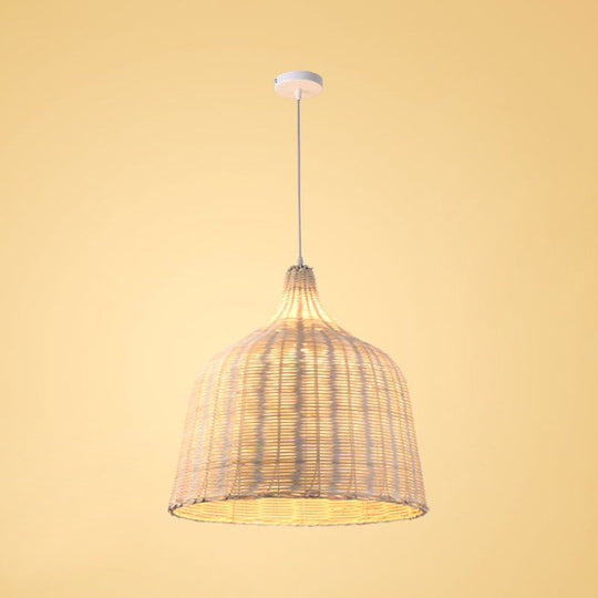 Rattan Ceiling Hang Lamp - Contemporary Cloche Shape 1 Bulb 10’/14’/23.5’ Wide Beige Tearoom