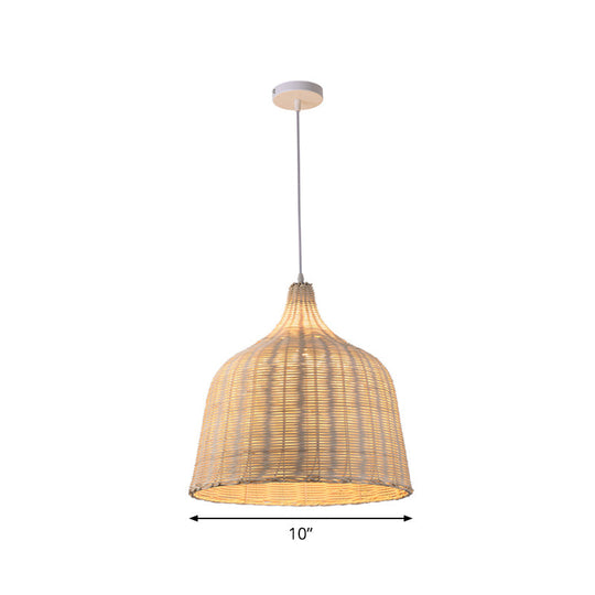 Rattan Ceiling Hang Lamp - Contemporary Cloche Shape 1 Bulb 10’/14’/23.5’ Wide Beige Tearoom