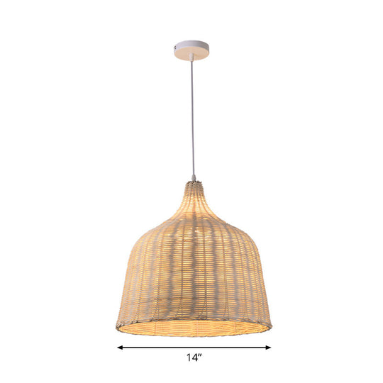 Rattan Ceiling Hang Lamp - Contemporary Cloche Shape 1 Bulb 10’/14’/23.5’ Wide Beige Tearoom