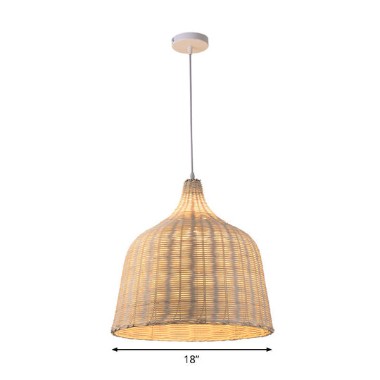 Rattan Ceiling Hang Lamp - Contemporary Cloche Shape 1 Bulb 10’/14’/23.5’ Wide Beige Tearoom