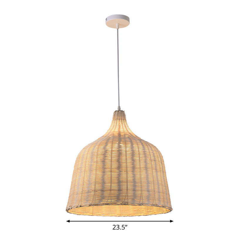 Rattan Ceiling Hang Lamp - Contemporary Cloche Shape 1 Bulb 10’/14’/23.5’ Wide Beige Tearoom