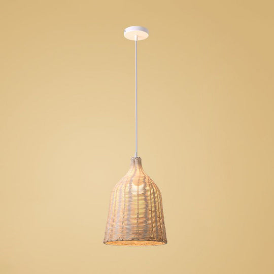Rattan Ceiling Hang Lamp - Contemporary Cloche Shape 1 Bulb 10’/14’/23.5’ Wide Beige Tearoom