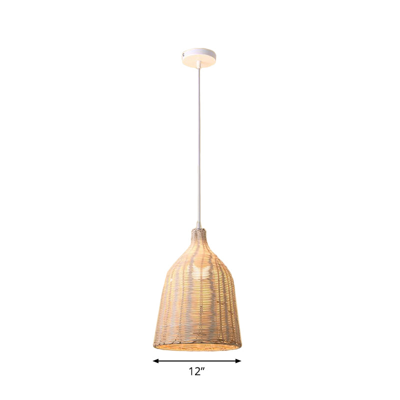 Rattan Ceiling Hang Lamp - Contemporary Cloche Shape 1 Bulb 10’/14’/23.5’ Wide Beige Tearoom