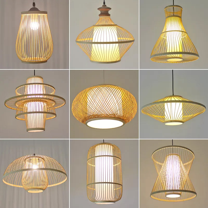 Asian Bamboo Tearoom Pendant Light - Funnel Shape Urn Design Single-Bulb Beige