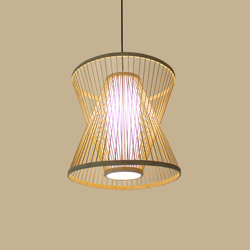 Asian Bamboo Tearoom Pendant Light - Funnel Shape Urn Design Single-Bulb Beige