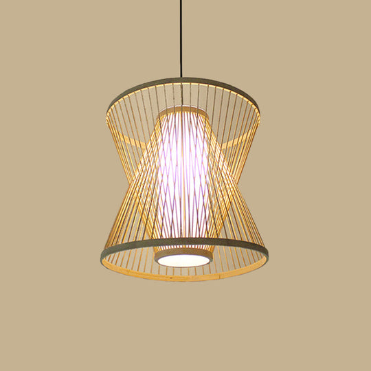 Asian Bamboo Tearoom Pendant Light - Funnel Shape Urn Design Single-Bulb Beige