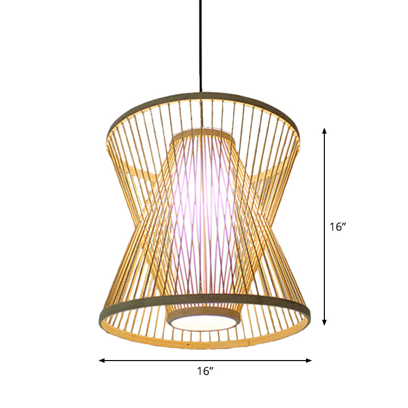 Asian Bamboo Tearoom Pendant Light - Funnel Shape Urn Design Single-Bulb Beige