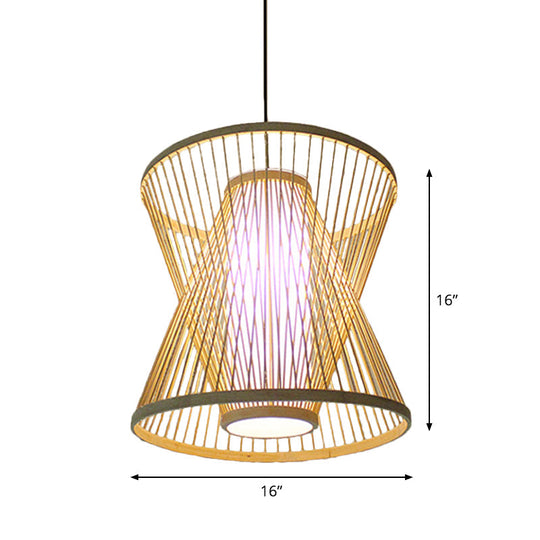 Asian Bamboo Tearoom Pendant Light - Funnel Shape Urn Design Single-Bulb Beige