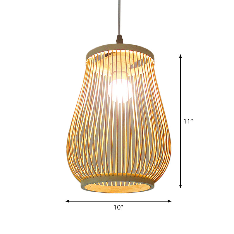 Asian Bamboo Tearoom Pendant Light - Funnel Shape Urn Design Single-Bulb Beige