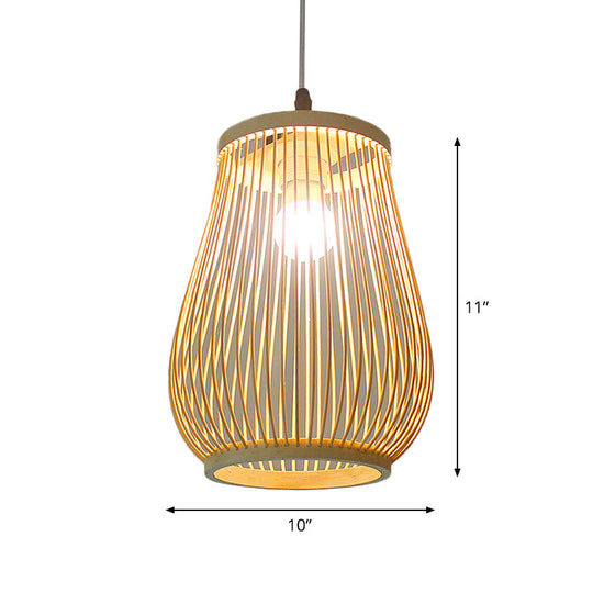 Asian Bamboo Tearoom Pendant Light - Funnel Shape Urn Design Single-Bulb Beige