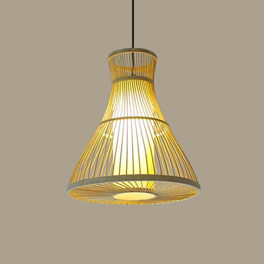 Asian Bamboo Tearoom Pendant Light - Funnel Shape Urn Design Single-Bulb Beige