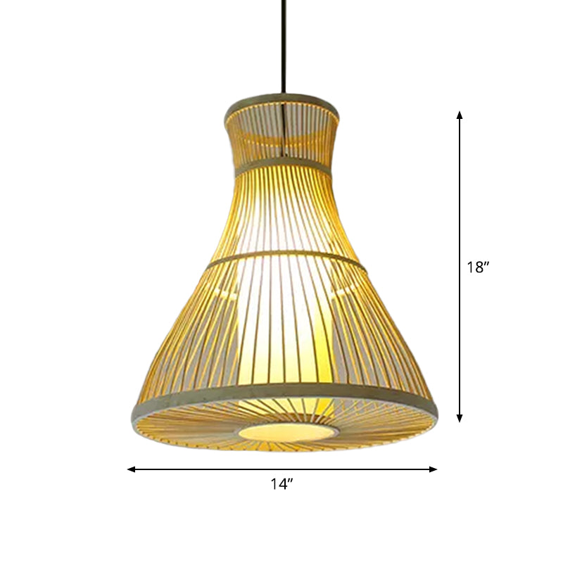 Asian Bamboo Tearoom Pendant Light - Funnel Shape Urn Design Single-Bulb Beige