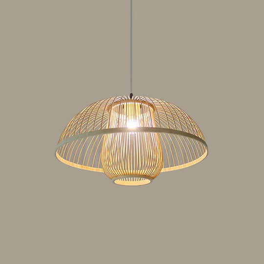 Asian Bamboo Tearoom Pendant Light - Funnel Shape Urn Design Single-Bulb Beige