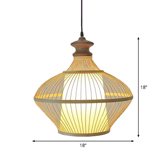 Asian Bamboo Tearoom Pendant Light - Funnel Shape Urn Design Single-Bulb Beige