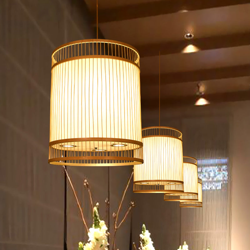 Contemporary Beige Suspension Pendant - Bamboo Ceiling Hang Lamp For Restaurants