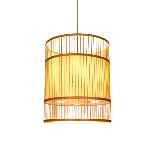 Contemporary Beige Suspension Pendant - Bamboo Ceiling Hang Lamp For Restaurants
