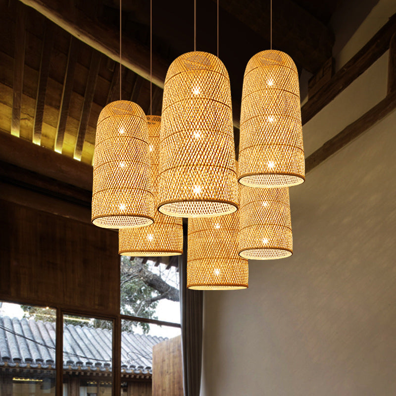 Criss-Cross Woven Bamboo Asian Pendant Lamp - Beige Color / A