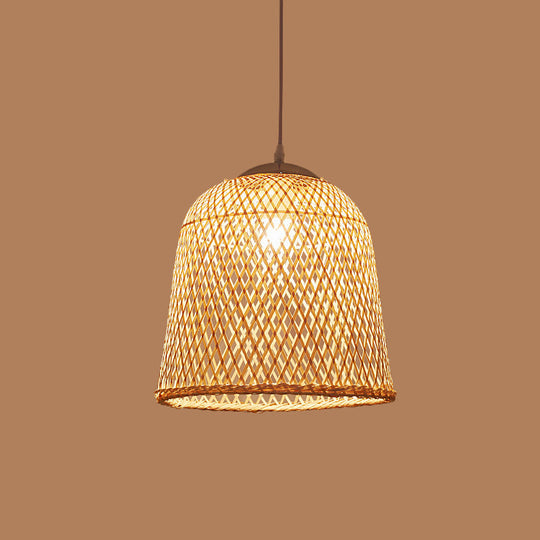 Criss-Cross Woven Bamboo Asian Pendant Lamp - Beige Color