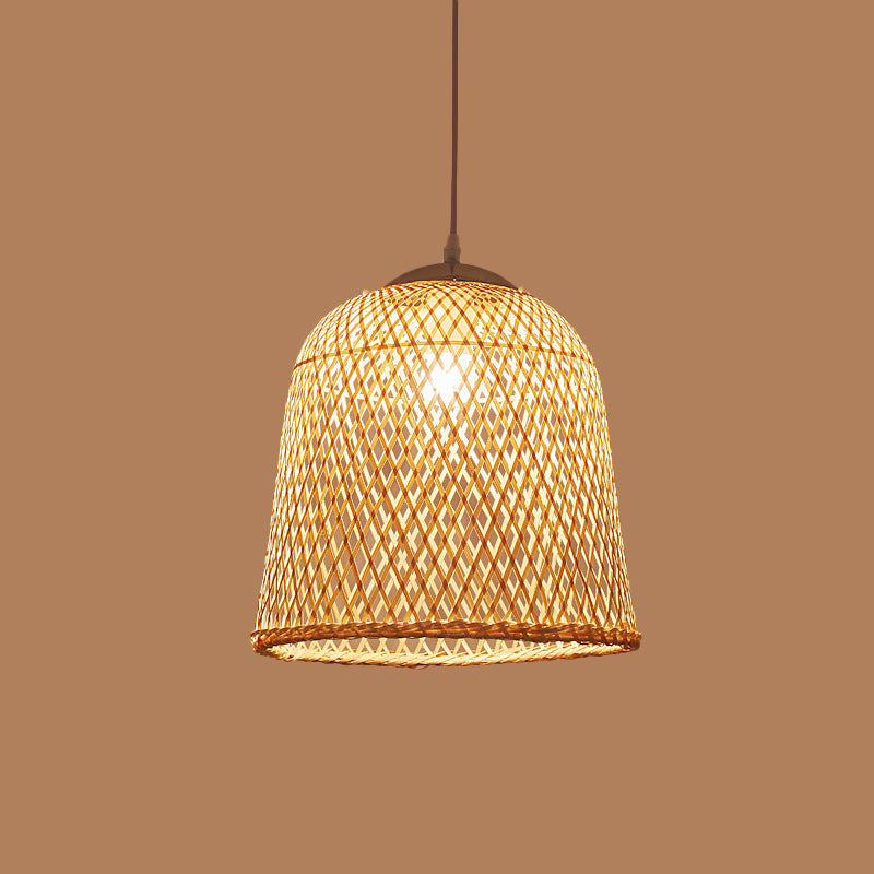 Bamboo Pendant Lamp: Bell/Bowl/Bottle Criss-Cross Woven Asian Hallway Drop Beige