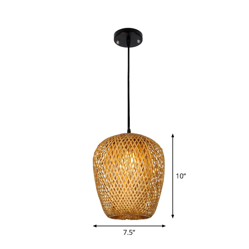 1/3-Bulb Beige Suspension Light With Bamboo Shade - Asian Style Mixed Shape/Ellipse/Droplet Hanging