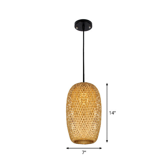 1/3-Bulb Beige Suspension Light With Bamboo Shade - Asian Style Mixed Shape/Ellipse/Droplet Hanging