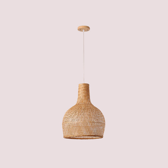 1-Head Asian Beige Bamboo Pendant Light With Bowl/Jar/Cloche Shade - Bistro Pendulum Design