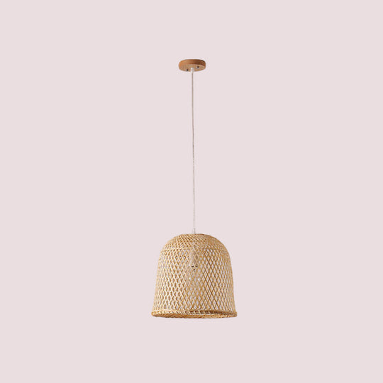 1-Head Asian Beige Bamboo Pendant Light With Bowl/Jar/Cloche Shade - Bistro Pendulum Design