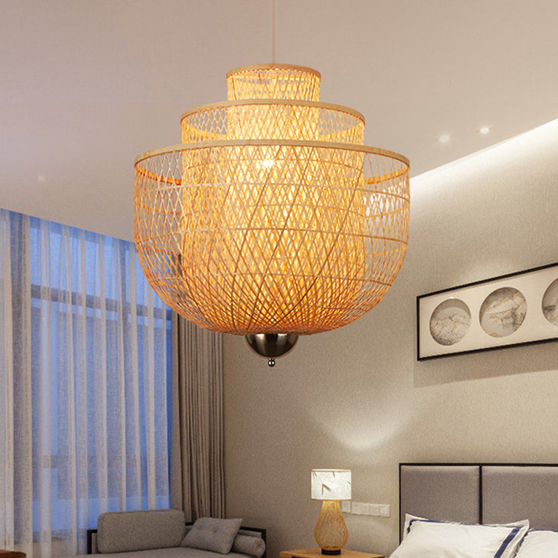 Modern Bamboo Pendant Lamp With Inverted 3-Layers And 1 Light - Perfect For Restaurants