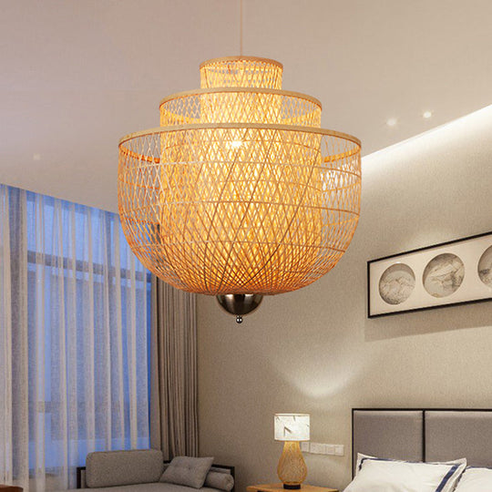 Modern Bamboo Pendant Lamp With Inverted 3-Layers And 1 Light - Perfect For Restaurants