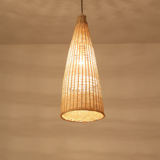 Asian Style Beige Diamond/Bell/Onion Drop Pendant Hanging Light Fixture With Bamboo Accent - Tearoom
