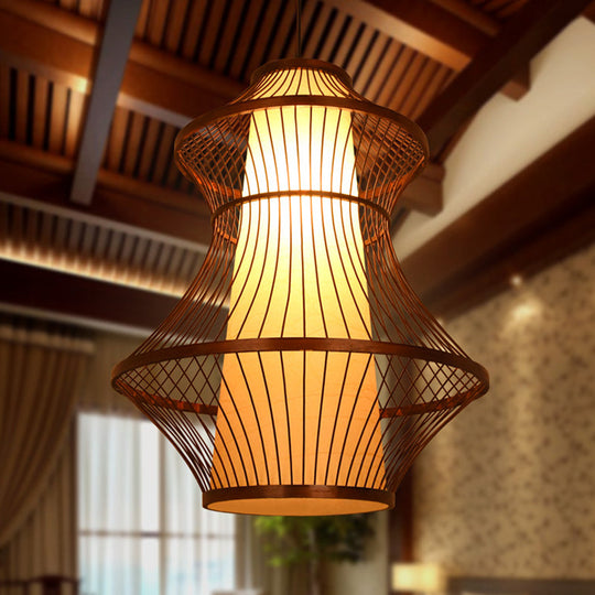 Bamboo Urn Pendant Light Kit In Asian Brown With 1 Bulb - Available 3 Sizes